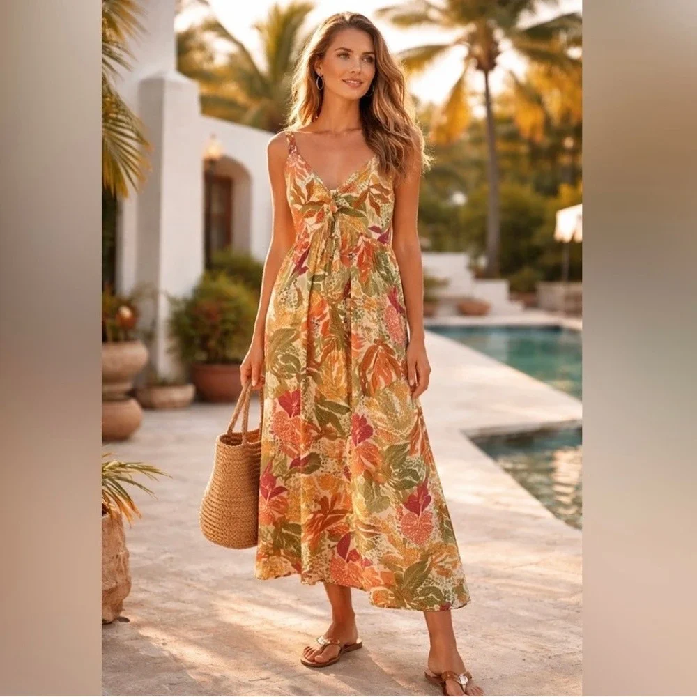Goa Beachwear by Japna Tropical Leaf Print Smocked Midi Dress‎ XL Orange Green